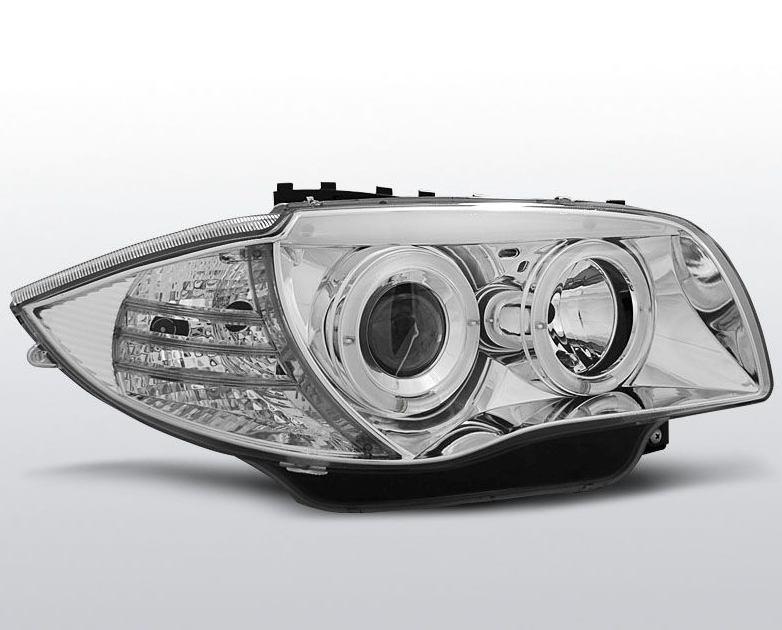 phare avant angel eyes led pour BMW série 1 E81 E82 E87 E88 à fond chrome